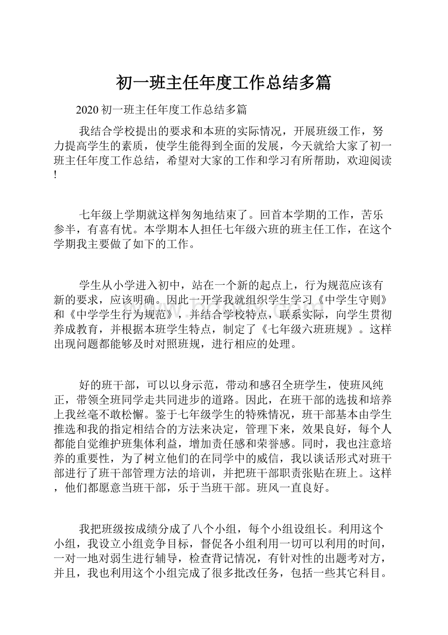 初一班主任年度工作总结多篇.docx