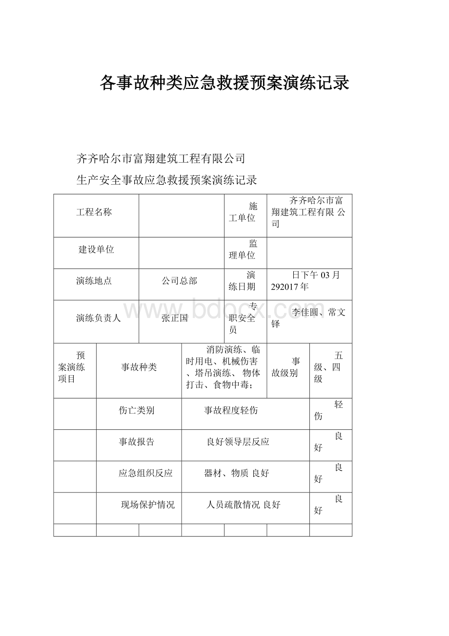 各事故种类应急救援预案演练记录.docx