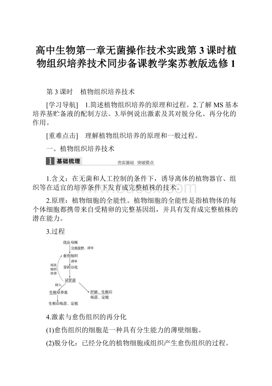 高中生物第一章无菌操作技术实践第3课时植物组织培养技术同步备课教学案苏教版选修1.docx