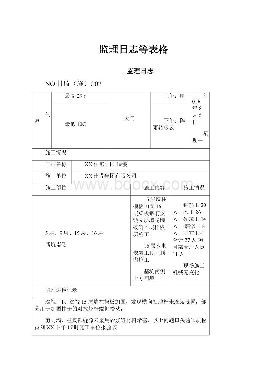 监理日志等表格.docx