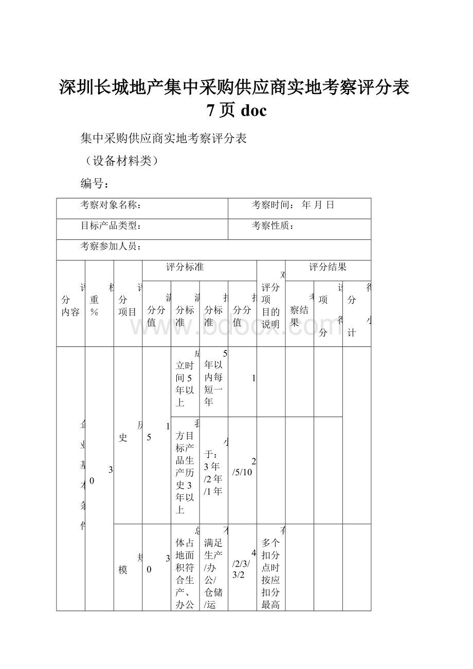 深圳长城地产集中采购供应商实地考察评分表7页doc.docx_第1页