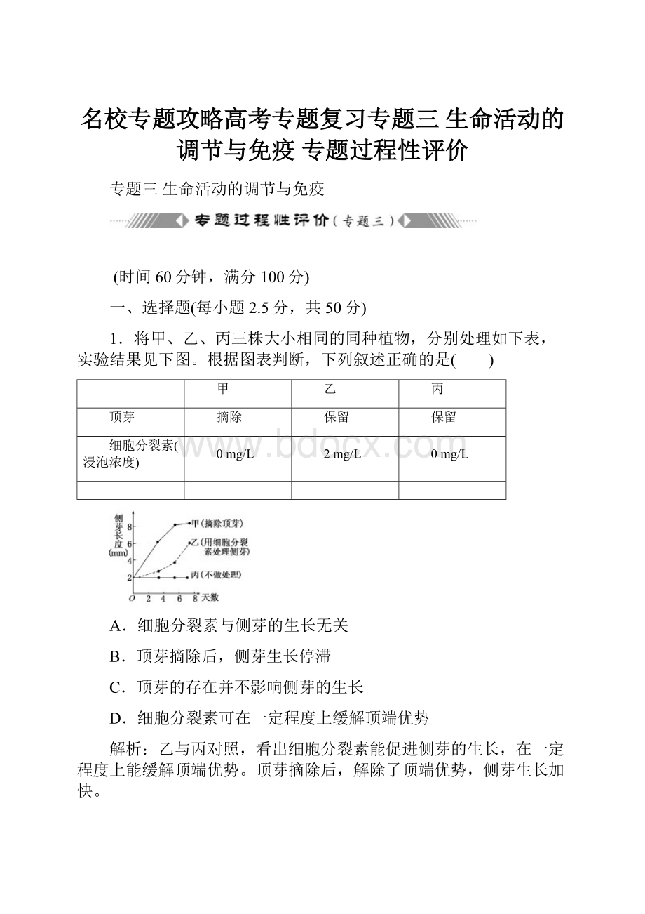 名校专题攻略高考专题复习专题三生命活动的调节与免疫专题过程性评价.docx