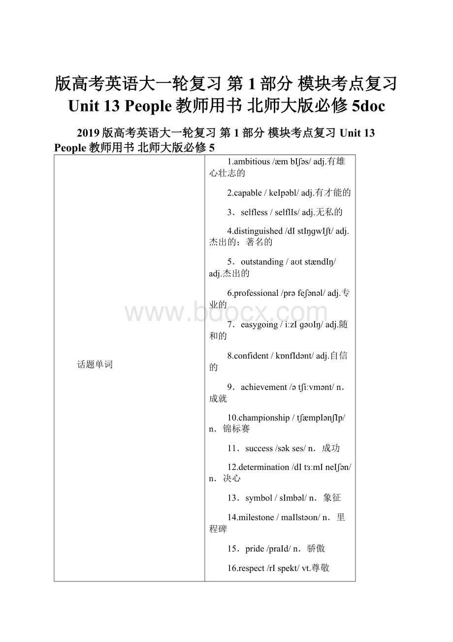 版高考英语大一轮复习 第1部分 模块考点复习 Unit 13 People教师用书 北师大版必修5doc.docx