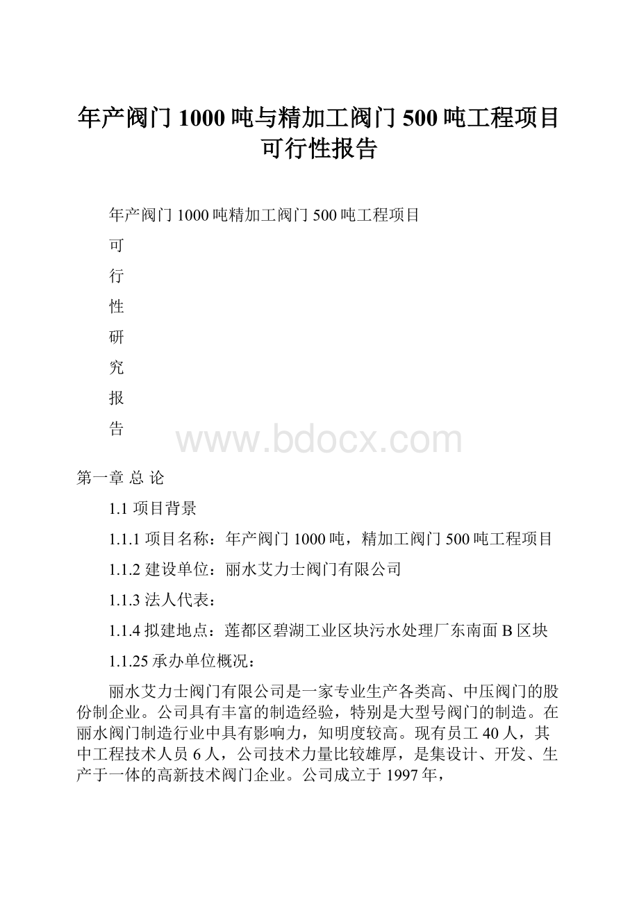 年产阀门1000吨与精加工阀门500吨工程项目可行性报告.docx_第1页