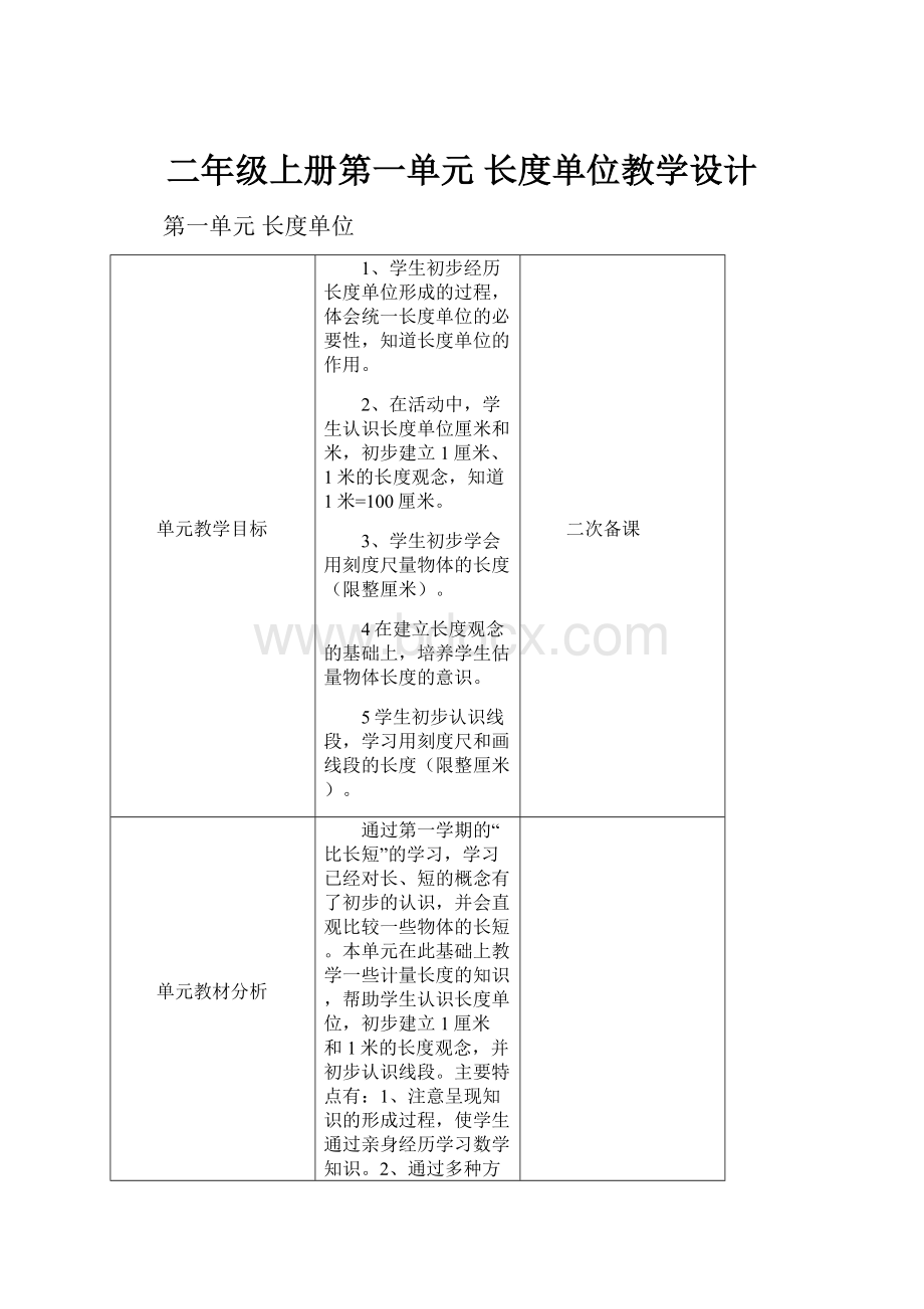 二年级上册第一单元长度单位教学设计.docx