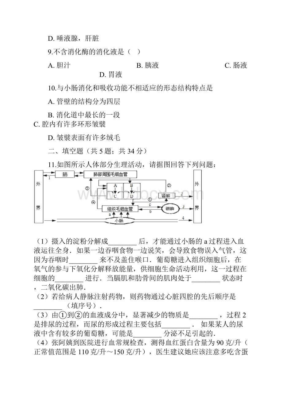 学年七年级生物下册第八章第二节食物的消化和营养物质的吸收同步测试新版北师大版.docx_第3页