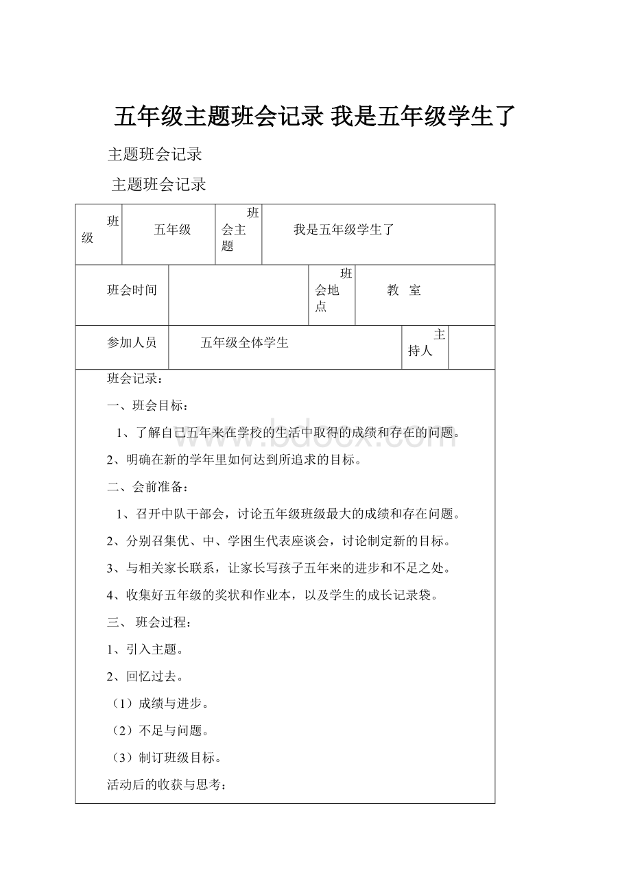 五年级主题班会记录 我是五年级学生了.docx