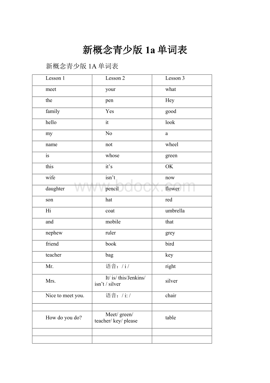 新概念青少版1a单词表.docx