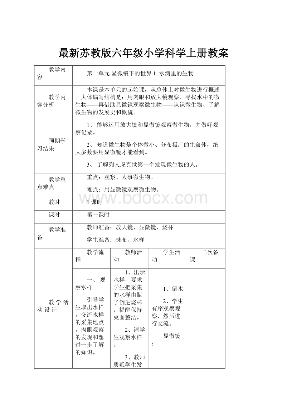 最新苏教版六年级小学科学上册教案.docx