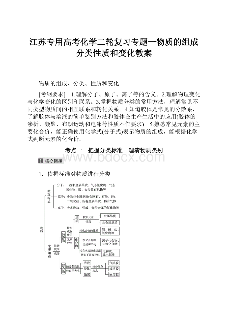 江苏专用高考化学二轮复习专题一物质的组成分类性质和变化教案.docx