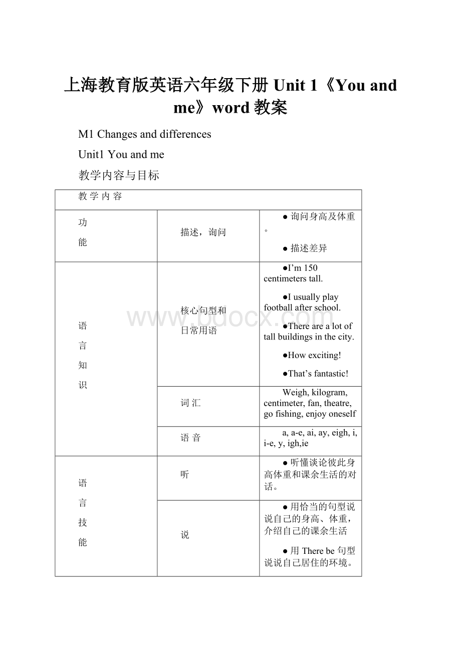 上海教育版英语六年级下册Unit 1《You and me》word教案.docx_第1页