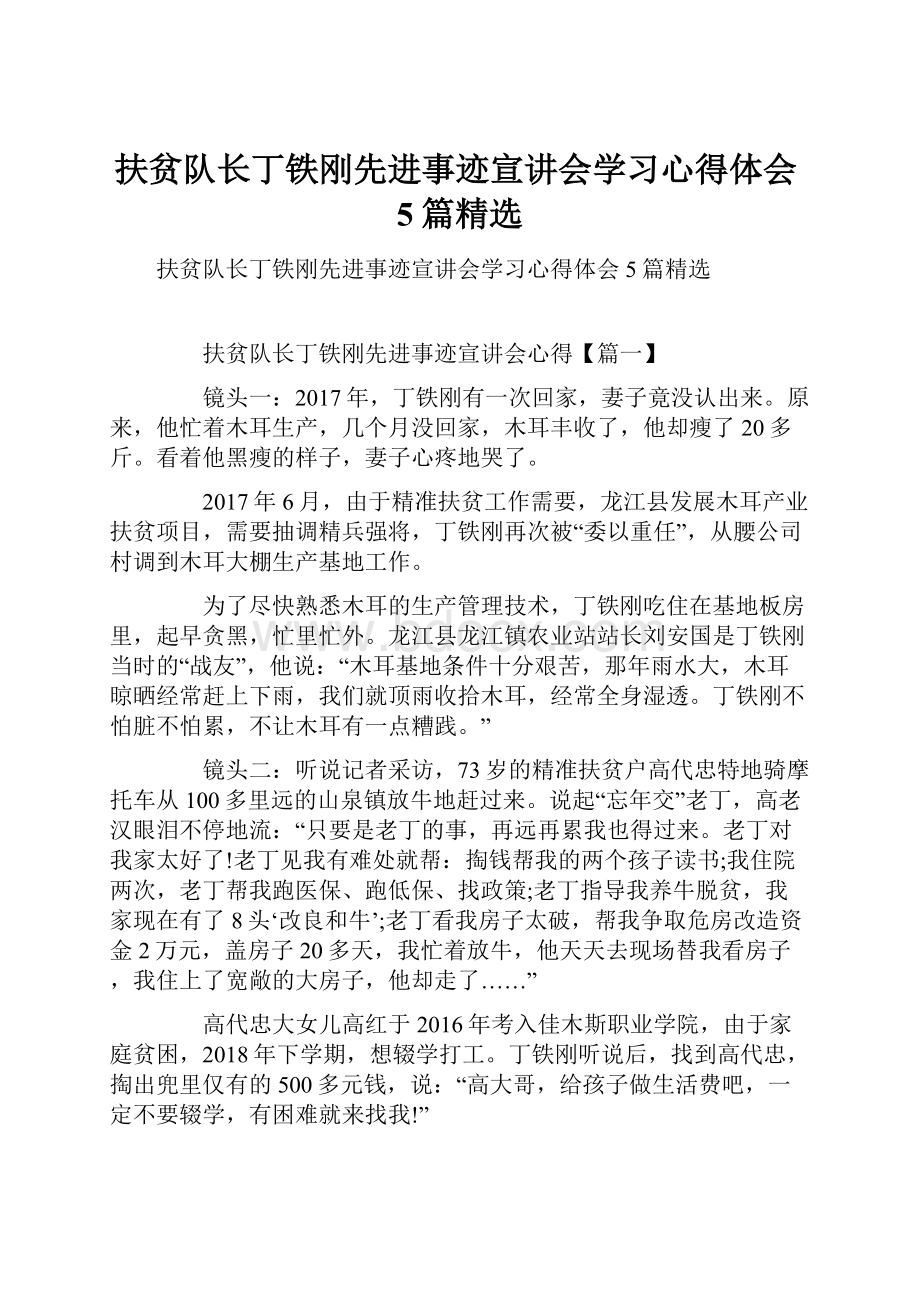 扶贫队长丁铁刚先进事迹宣讲会学习心得体会5篇精选.docx_第1页