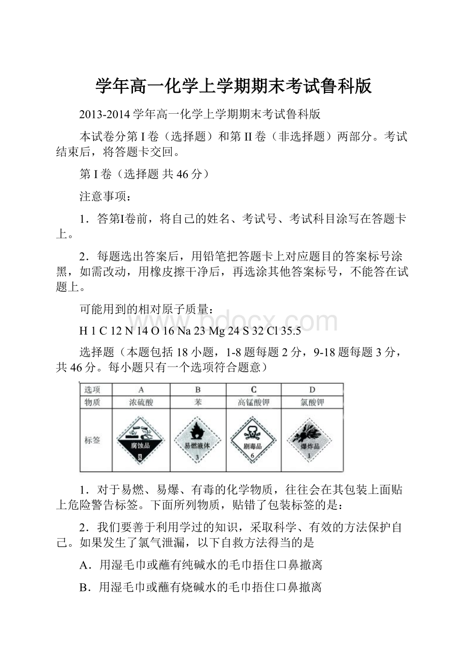 学年高一化学上学期期末考试鲁科版.docx_第1页