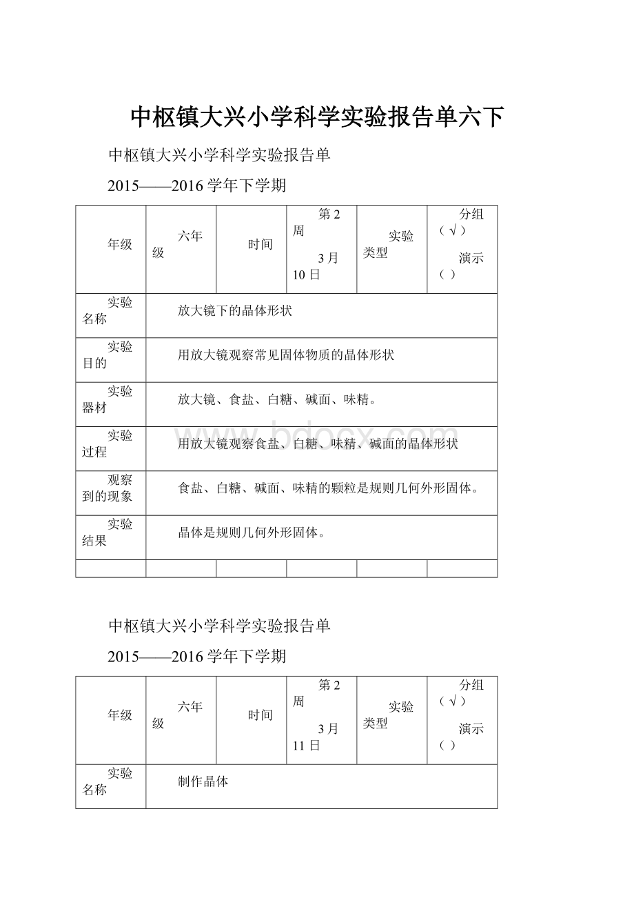 中枢镇大兴小学科学实验报告单六下.docx