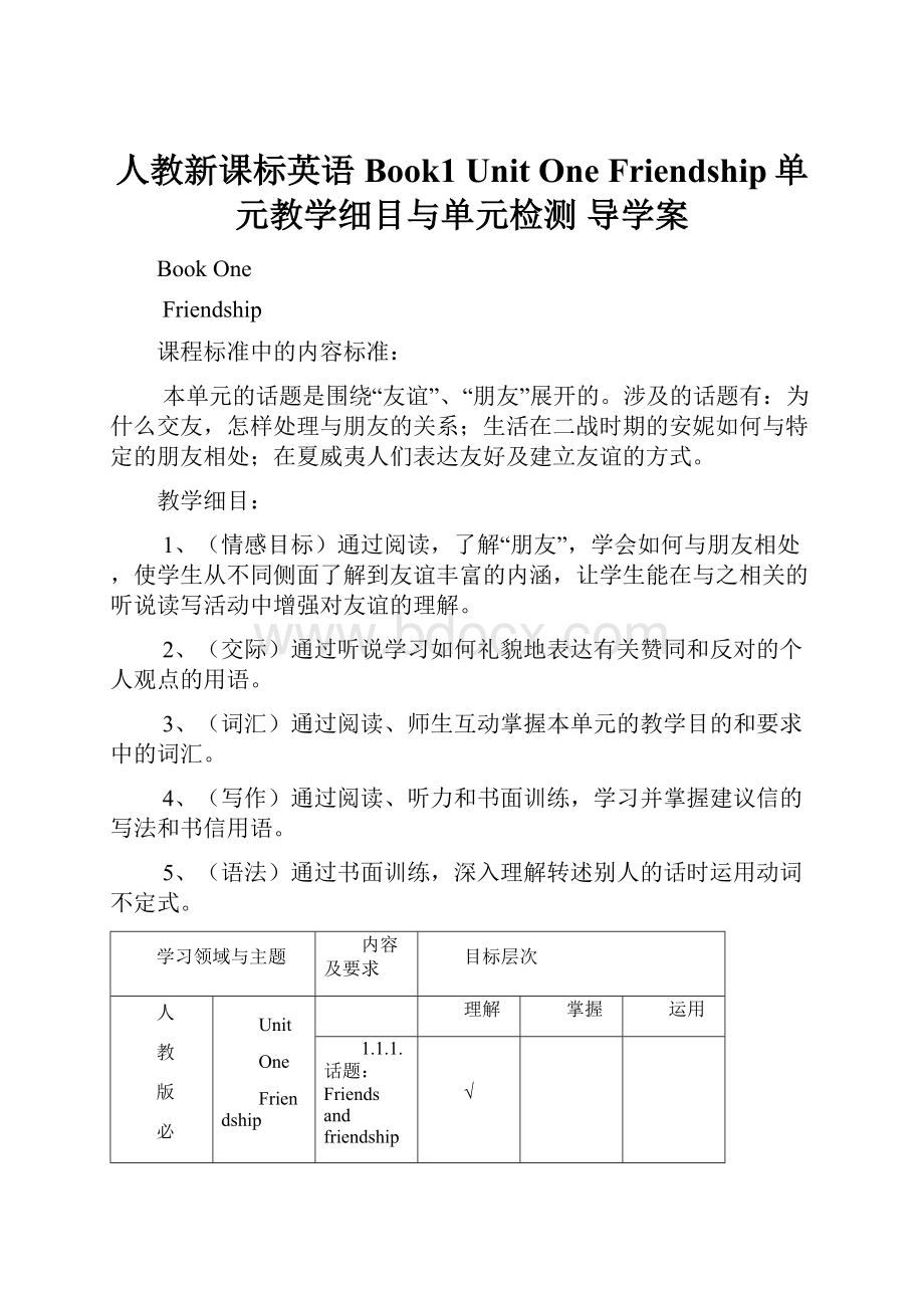 人教新课标英语Book1 Unit One Friendship单元教学细目与单元检测 导学案.docx_第1页