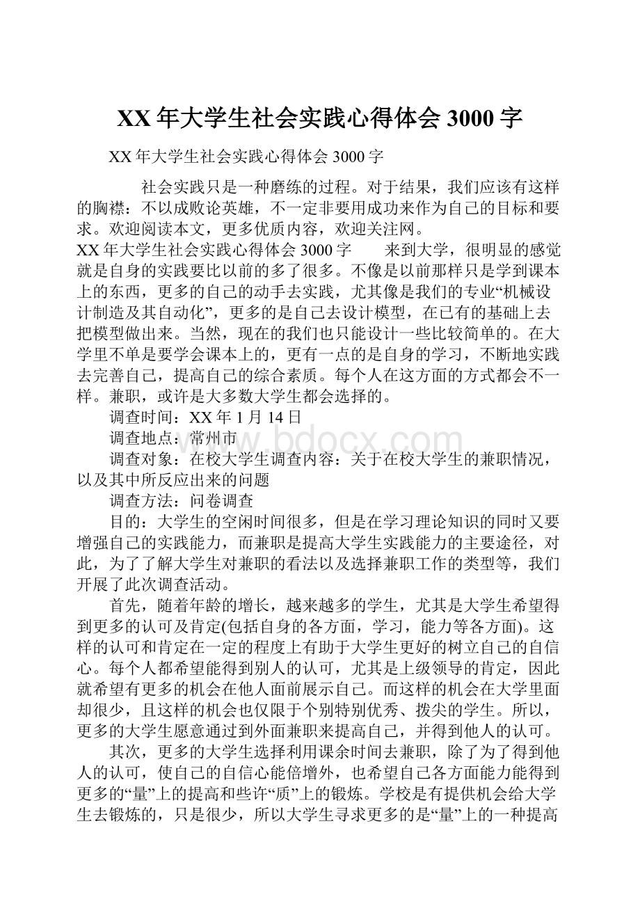 XX年大学生社会实践心得体会3000字.docx