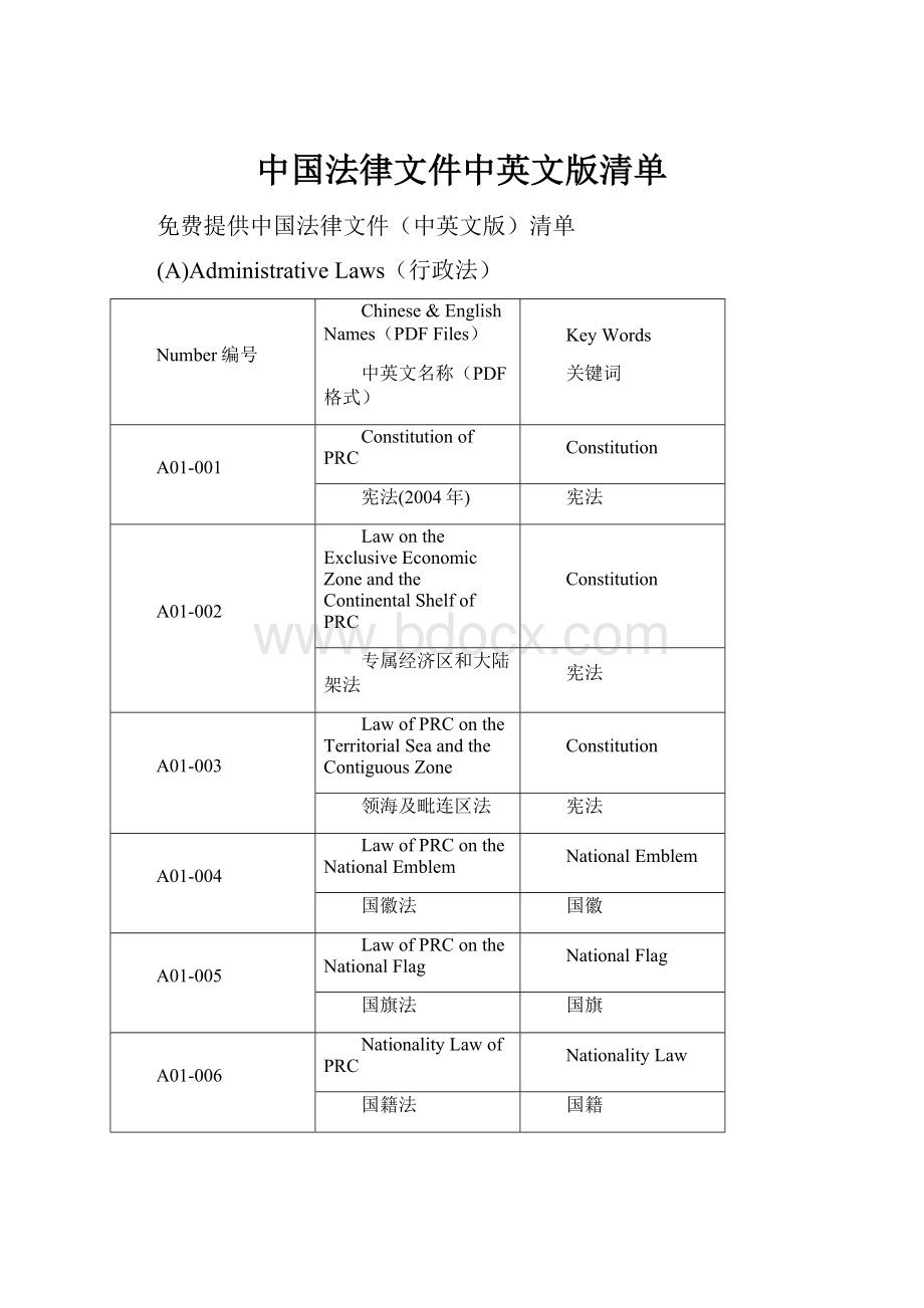 中国法律文件中英文版清单.docx