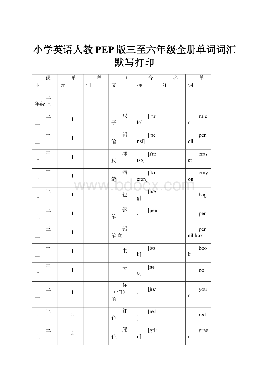 小学英语人教PEP版三至六年级全册单词词汇默写打印.docx