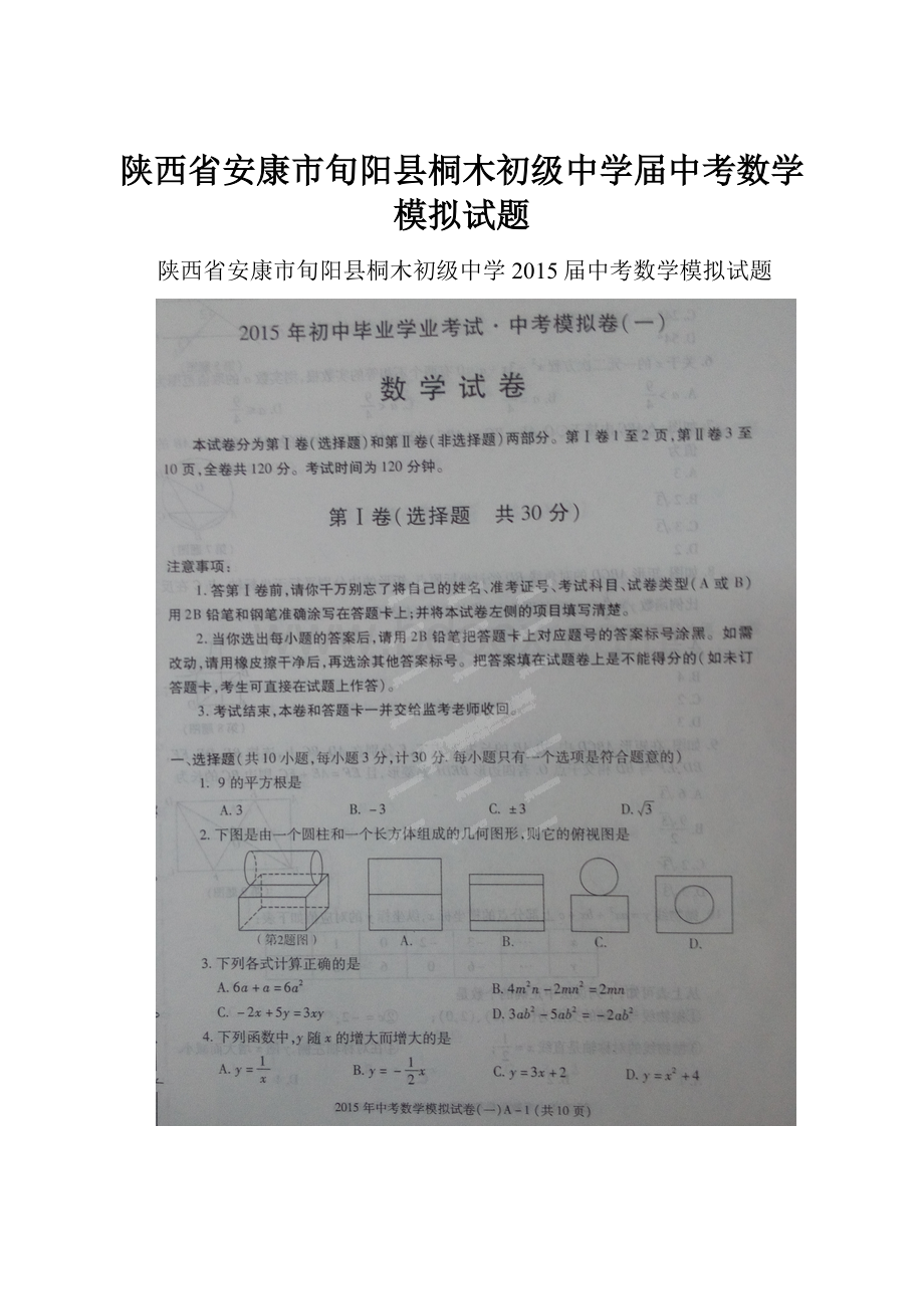 陕西省安康市旬阳县桐木初级中学届中考数学模拟试题.docx_第1页