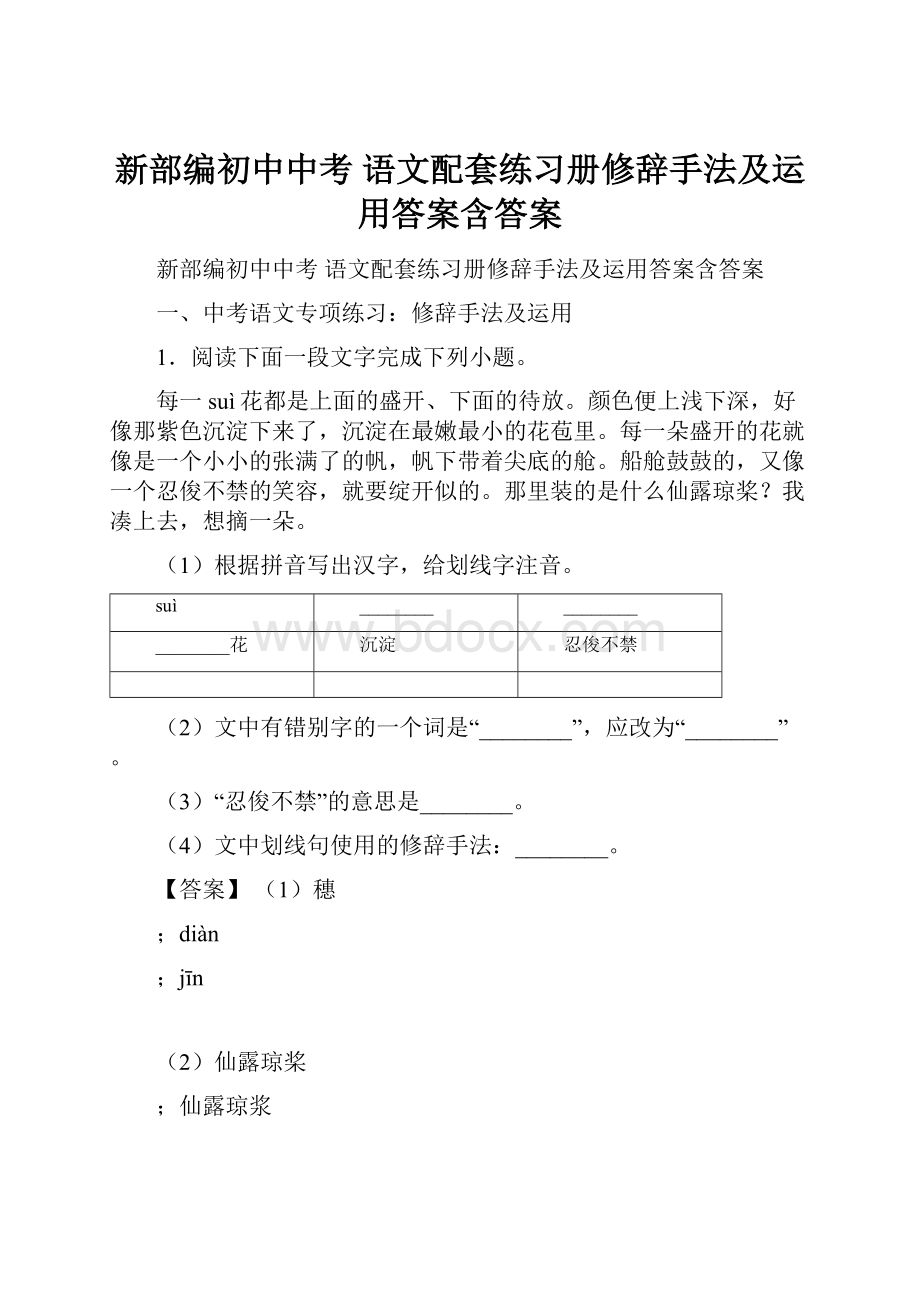 新部编初中中考 语文配套练习册修辞手法及运用答案含答案.docx