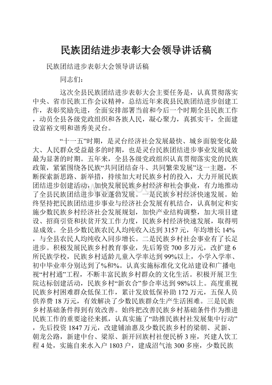 民族团结进步表彰大会领导讲话稿.docx_第1页