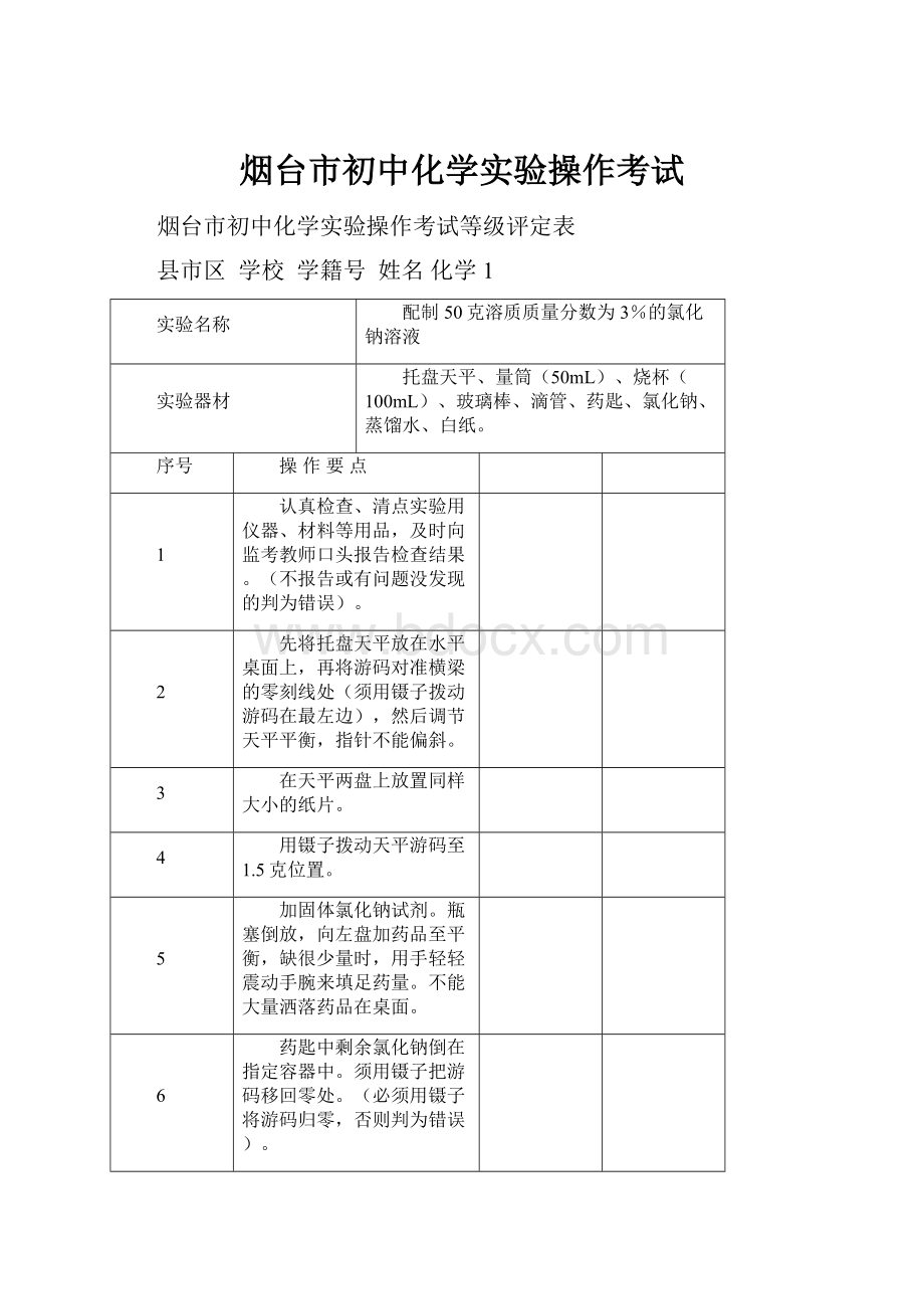 烟台市初中化学实验操作考试.docx