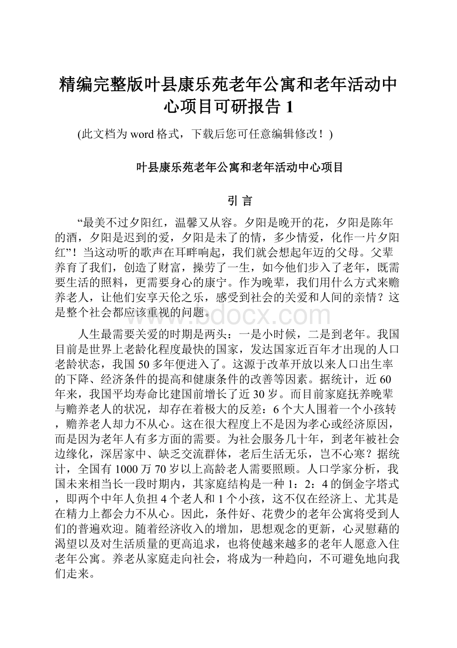 精编完整版叶县康乐苑老年公寓和老年活动中心项目可研报告1.docx