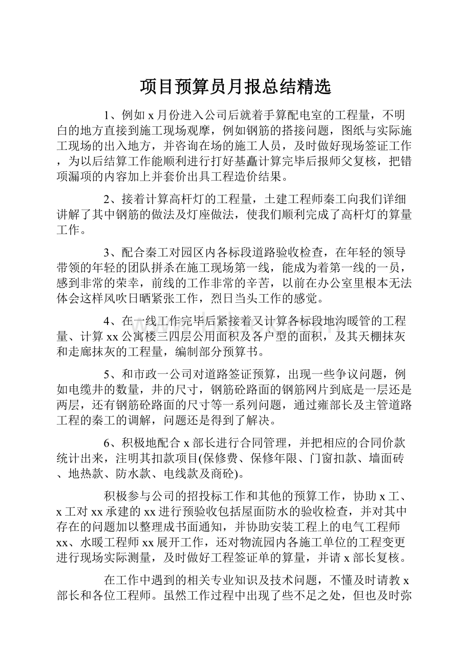 项目预算员月报总结精选.docx