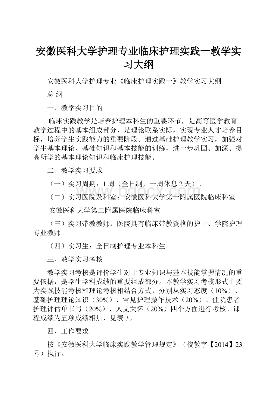 安徽医科大学护理专业临床护理实践一教学实习大纲.docx