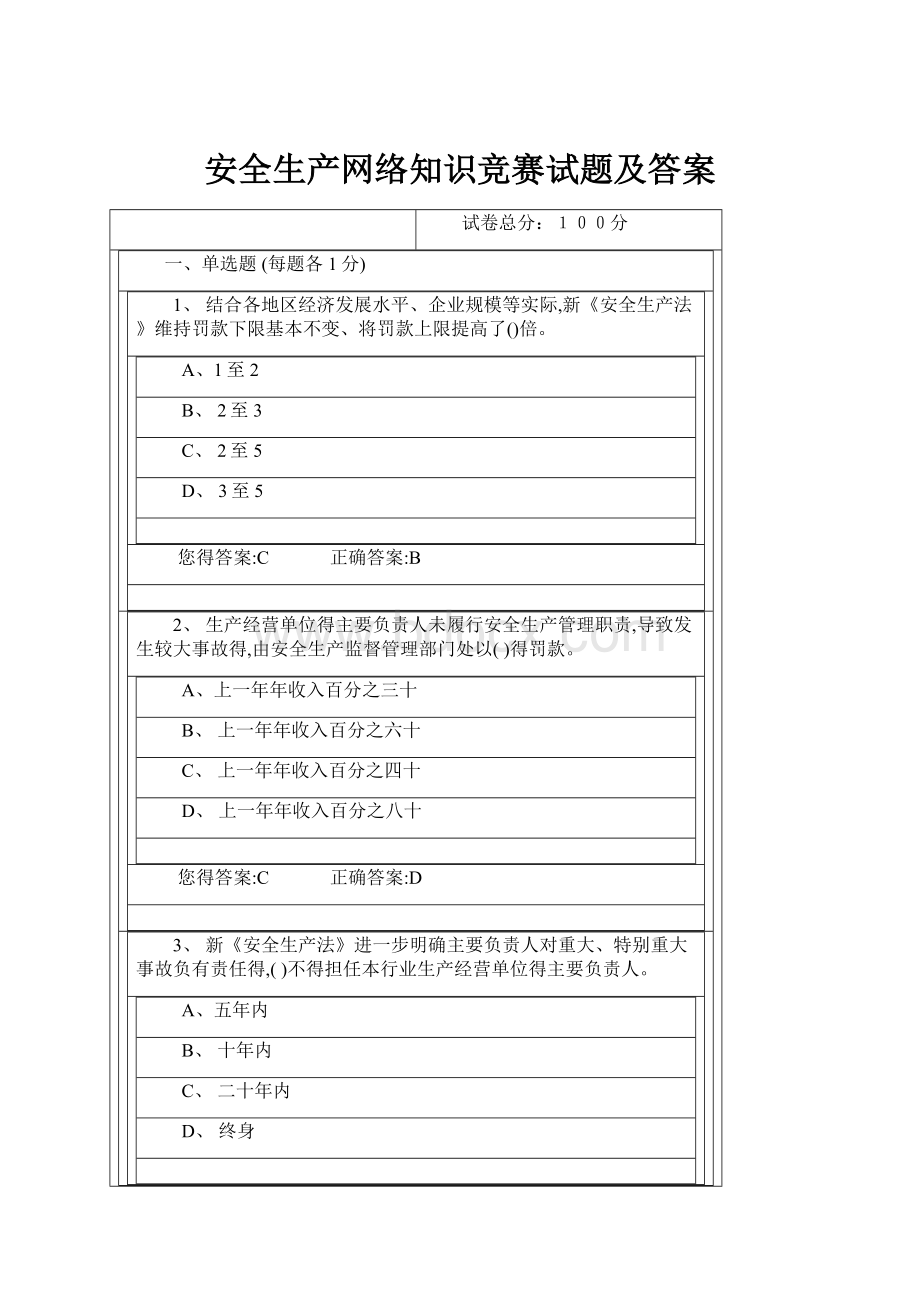 安全生产网络知识竞赛试题及答案.docx_第1页