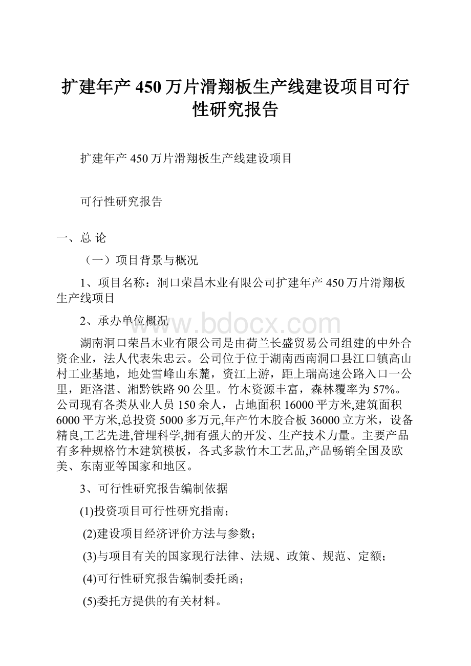 扩建年产450万片滑翔板生产线建设项目可行性研究报告.docx_第1页