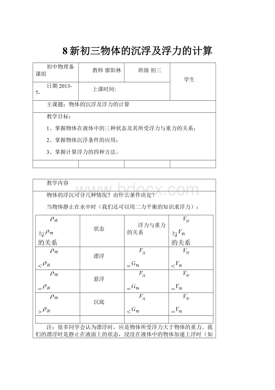 8新初三物体的沉浮及浮力的计算.docx