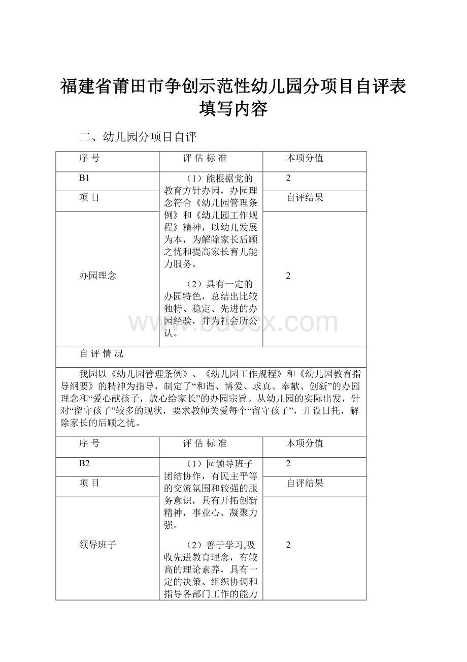 福建省莆田市争创示范性幼儿园分项目自评表填写内容.docx_第1页