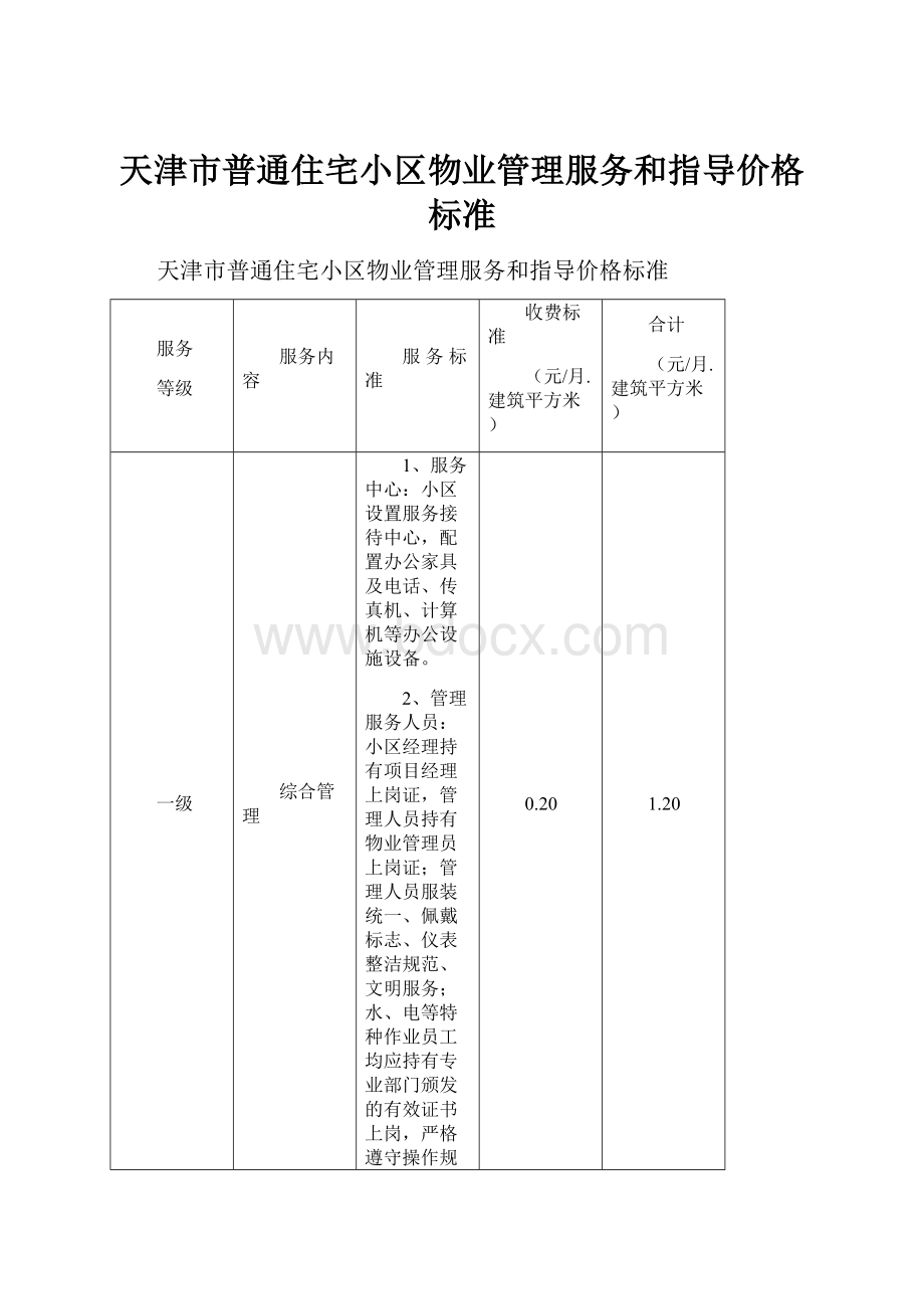 天津市普通住宅小区物业管理服务和指导价格标准.docx