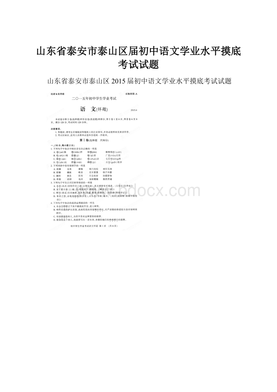 山东省泰安市泰山区届初中语文学业水平摸底考试试题.docx_第1页