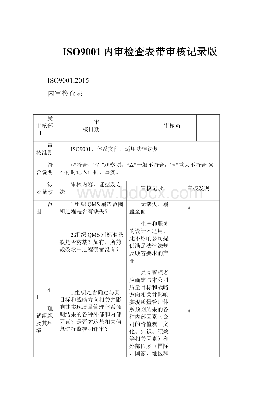 ISO9001内审检查表带审核记录版.docx