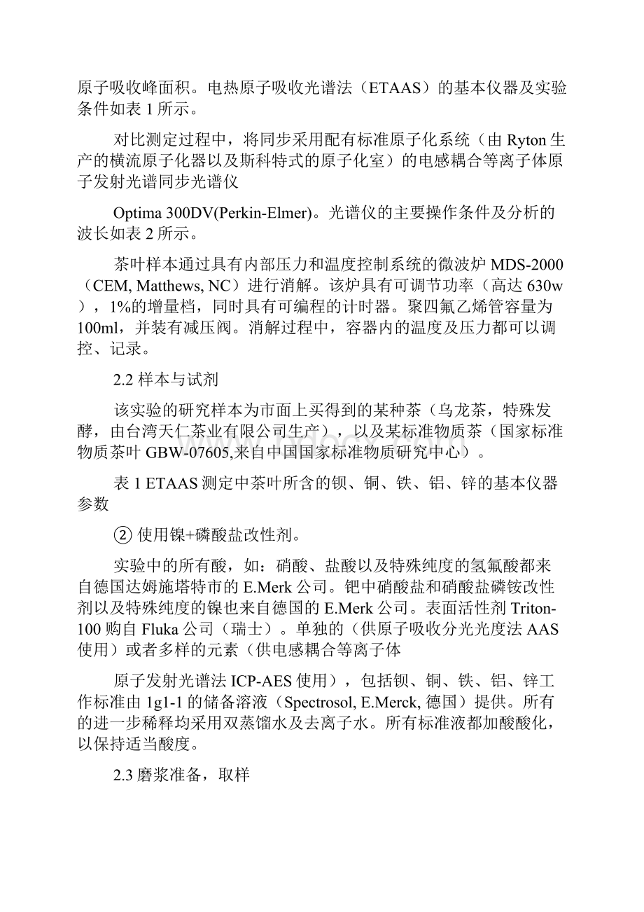 悬浮进样电热原子吸收光谱以及液体取样电感耦合等离子体发射光谱对茶叶中钡铜铁铝锌的对比测定研究.docx_第3页