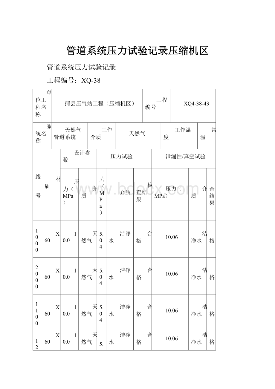 管道系统压力试验记录压缩机区.docx