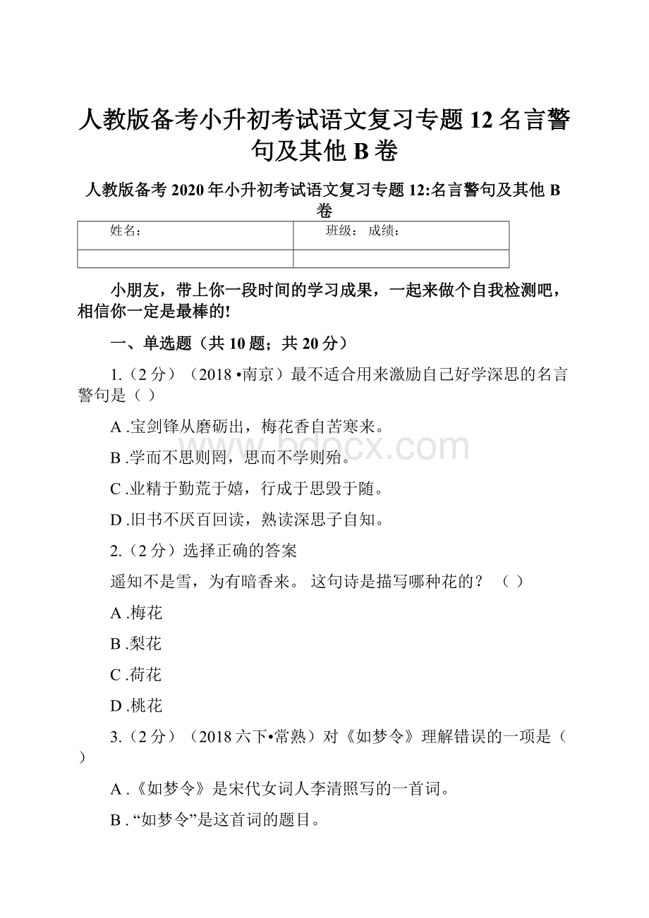 人教版备考小升初考试语文复习专题12名言警句及其他B卷.docx