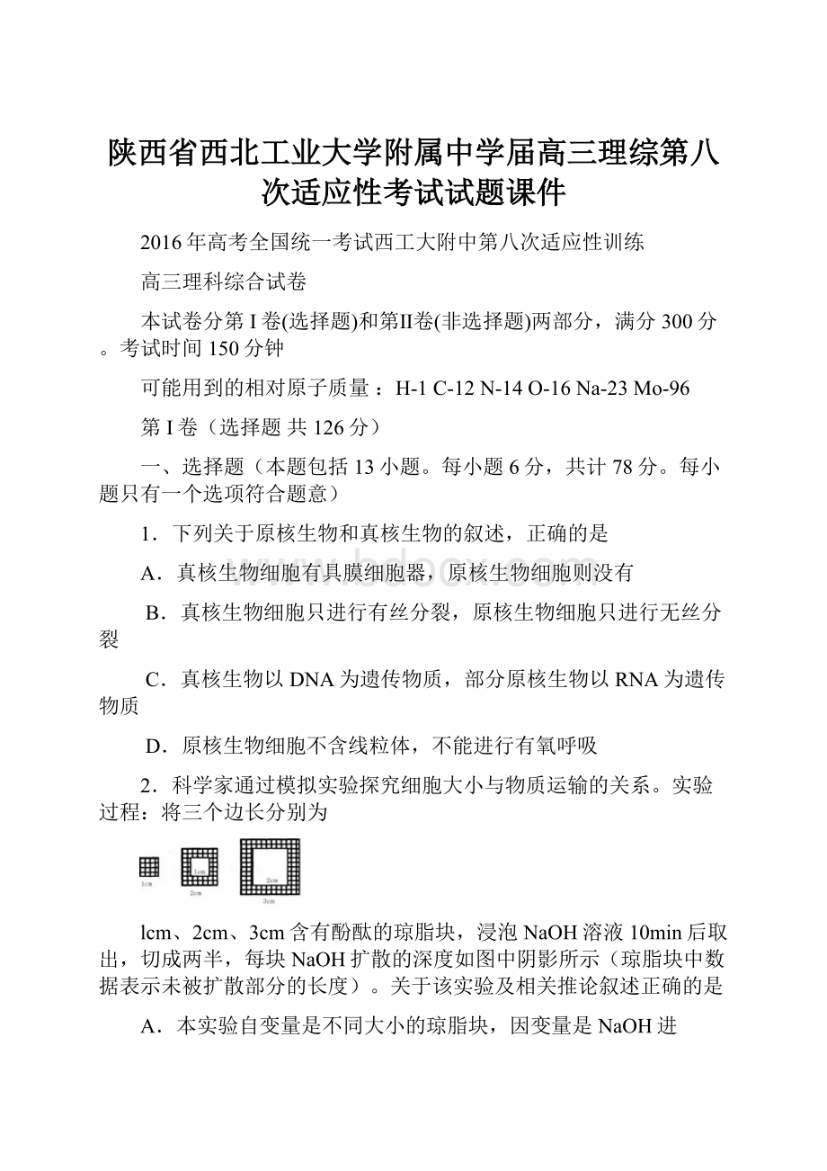 陕西省西北工业大学附属中学届高三理综第八次适应性考试试题课件.docx_第1页