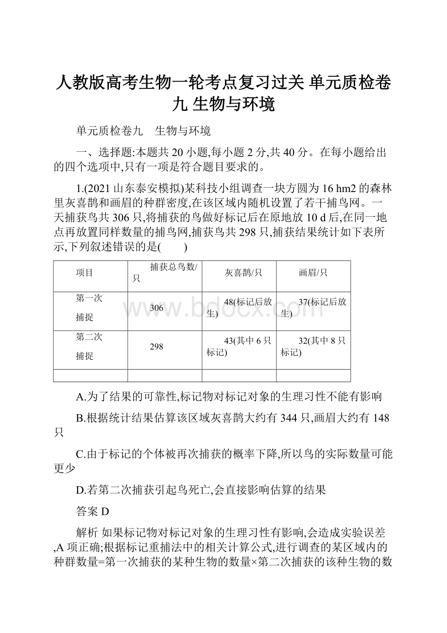 人教版高考生物一轮考点复习过关 单元质检卷九 生物与环境.docx