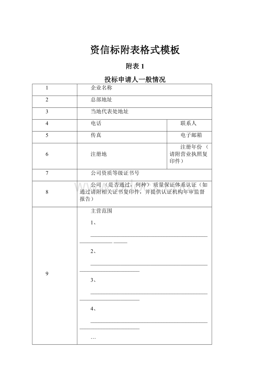 资信标附表格式模板.docx