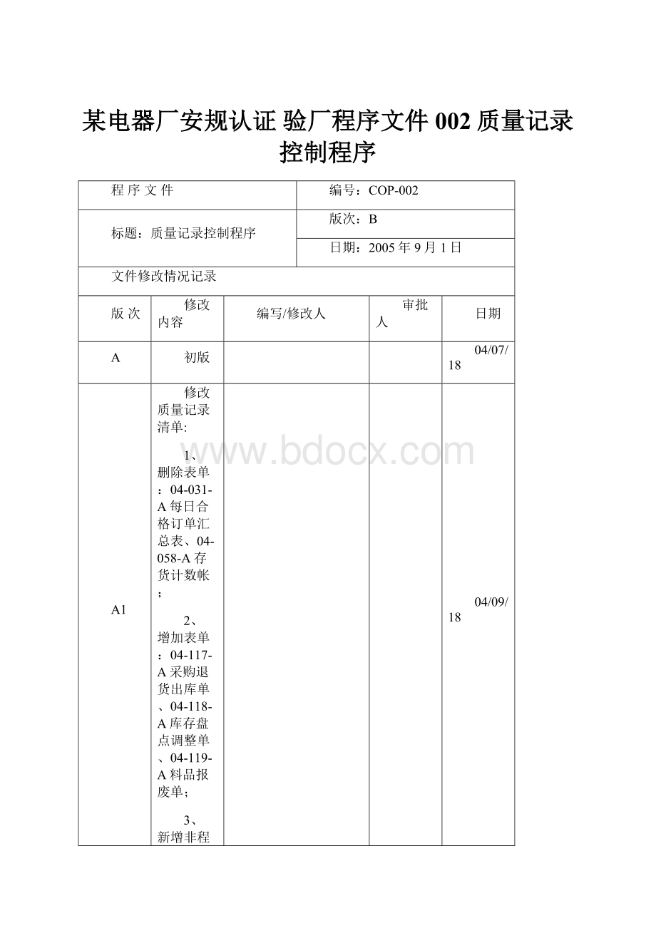 某电器厂安规认证 验厂程序文件 002质量记录控制程序.docx