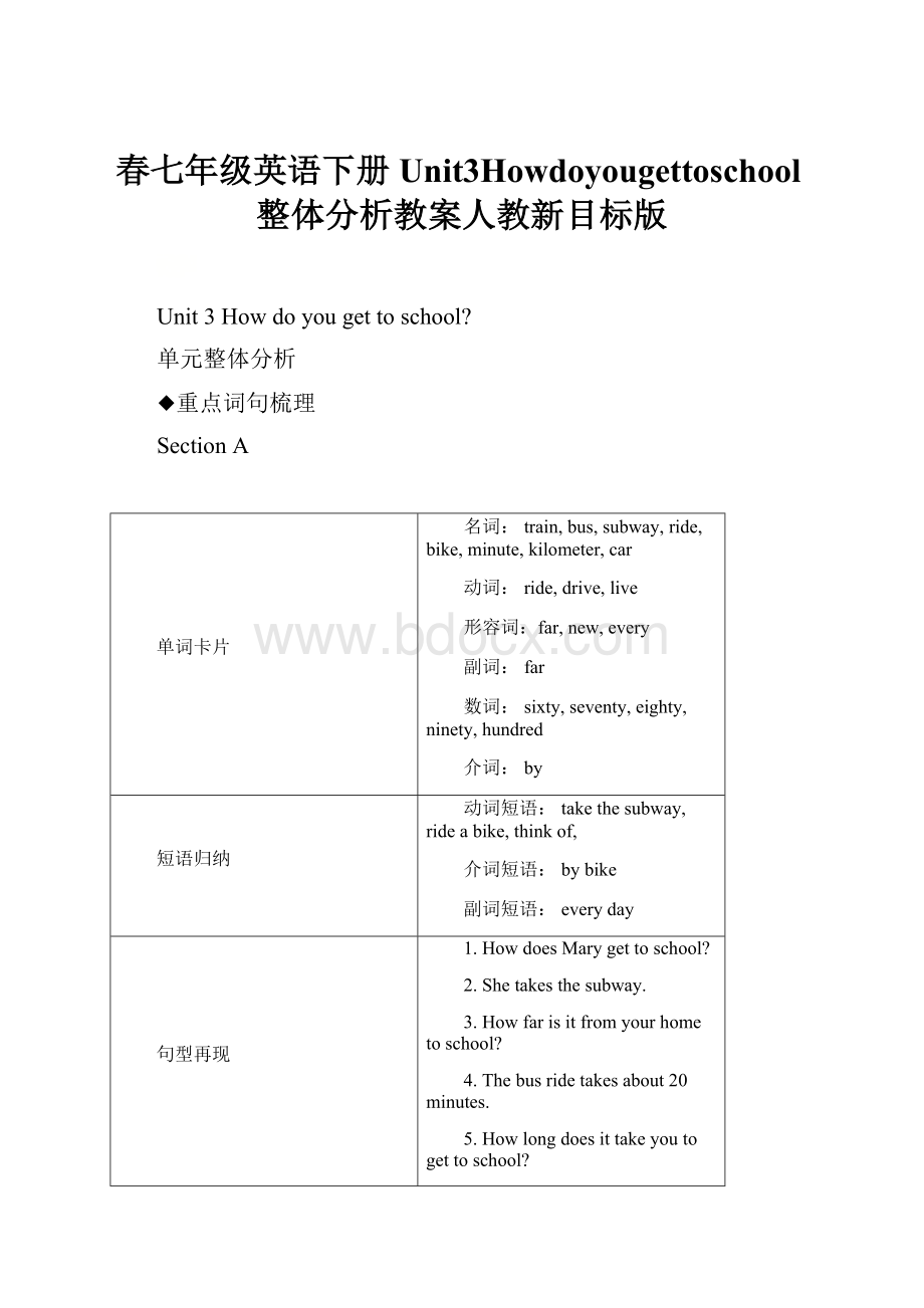 春七年级英语下册Unit3Howdoyougettoschool整体分析教案人教新目标版.docx