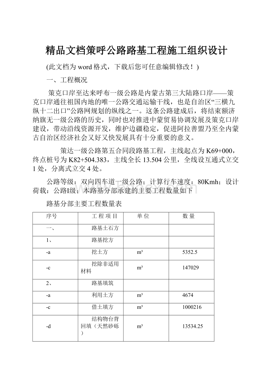 精品文档策呼公路路基工程施工组织设计.docx