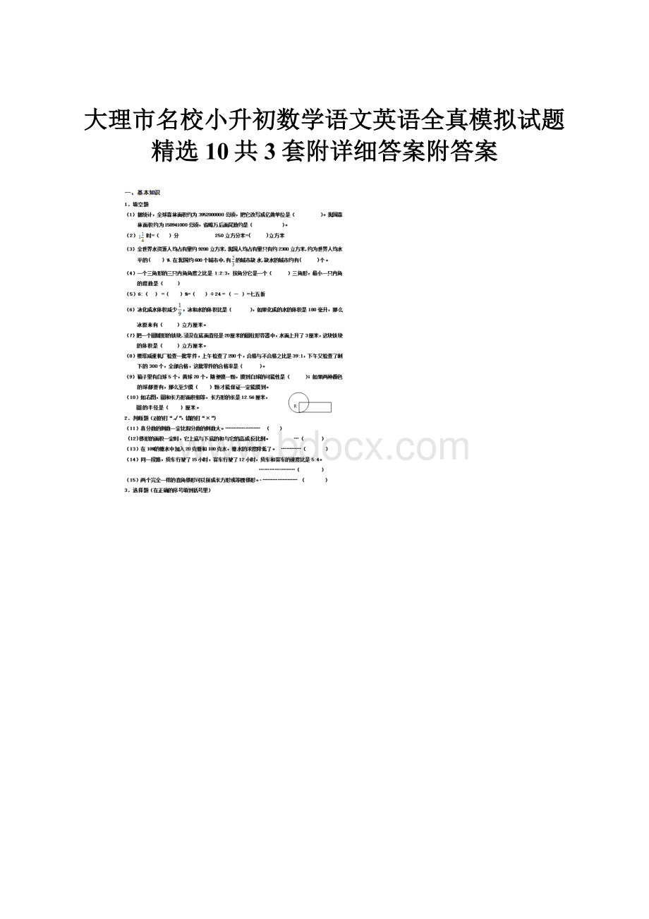 大理市名校小升初数学语文英语全真模拟试题精选10共3套附详细答案附答案.docx_第1页