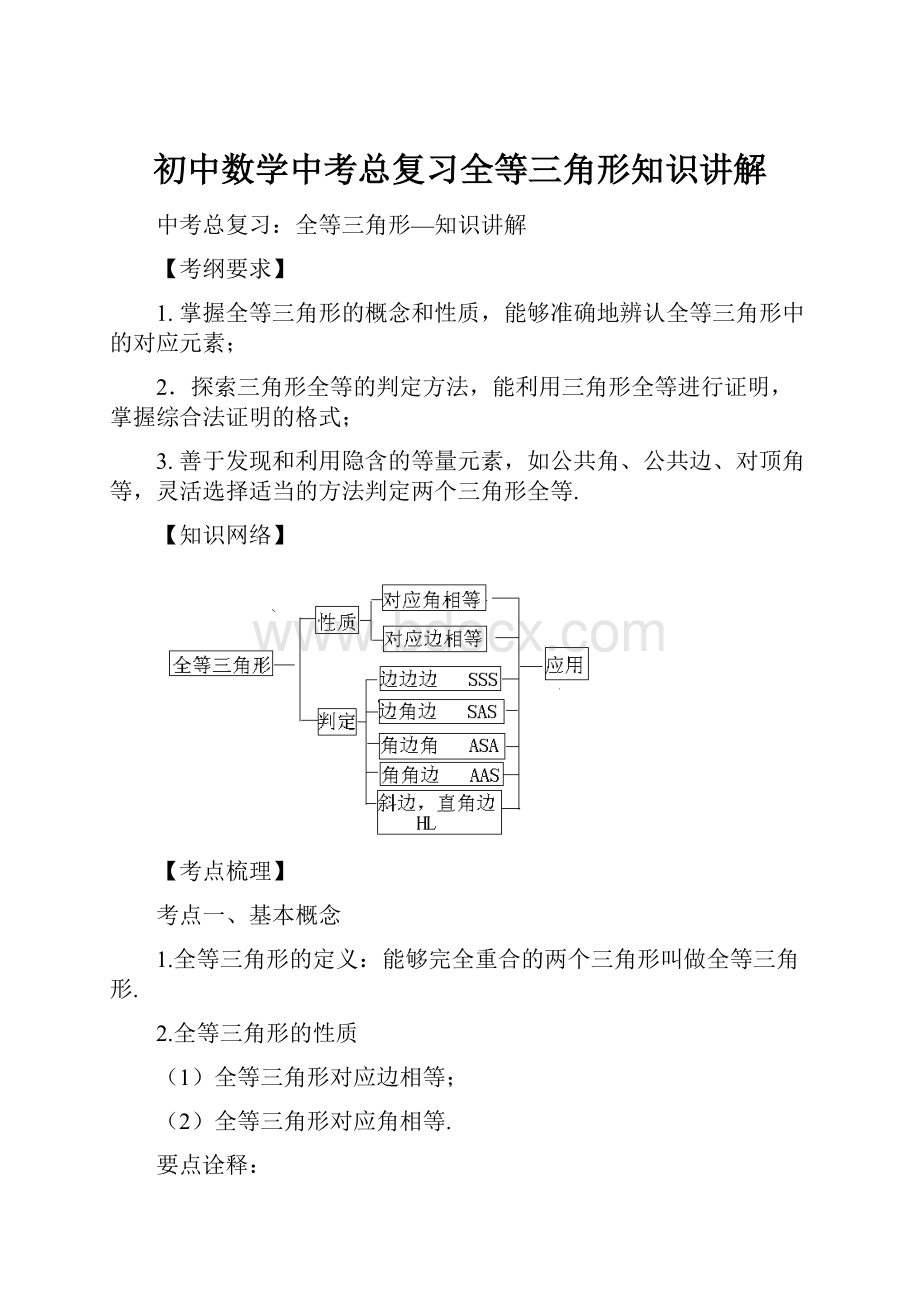 初中数学中考总复习全等三角形知识讲解.docx