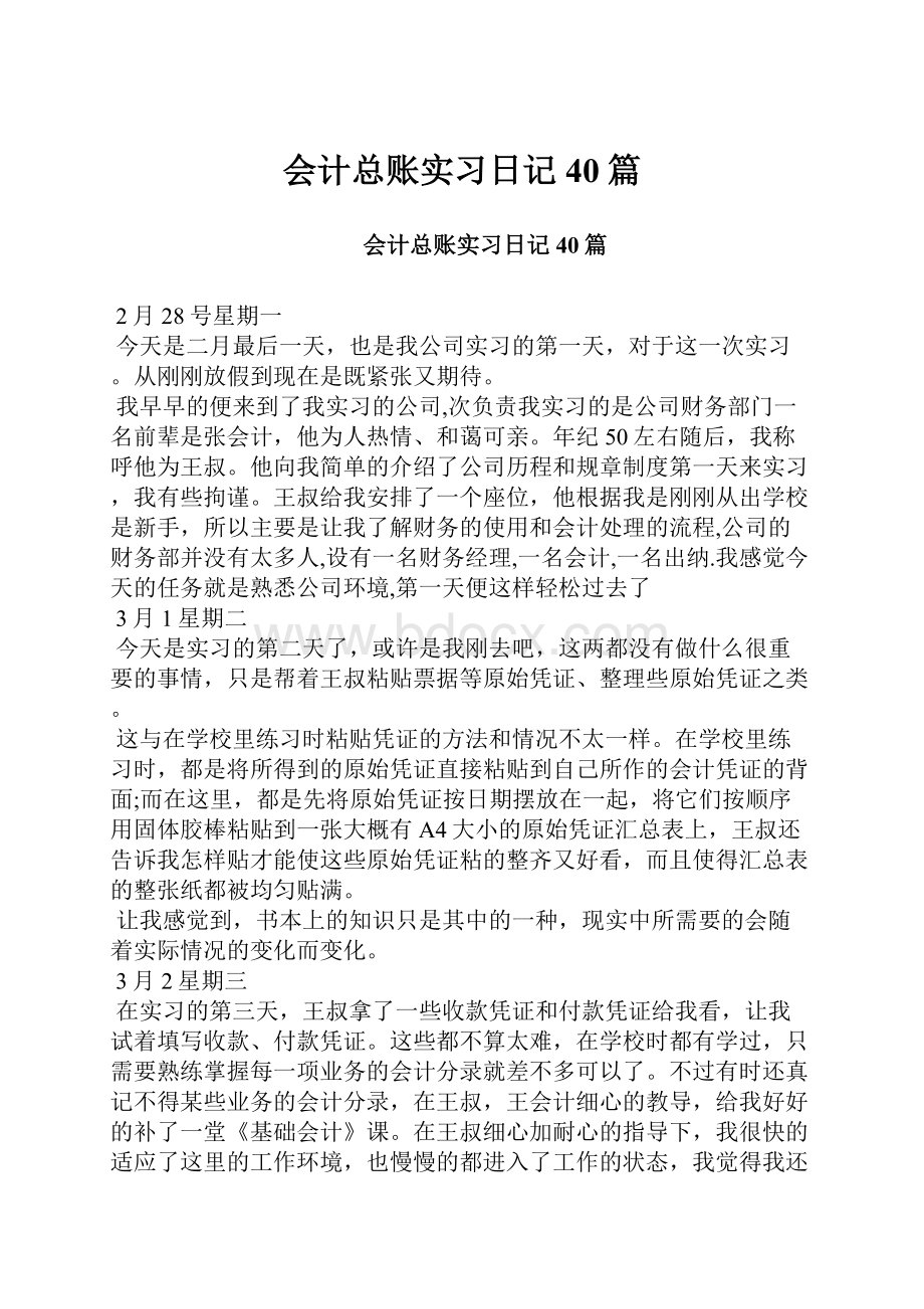 会计总账实习日记40篇.docx