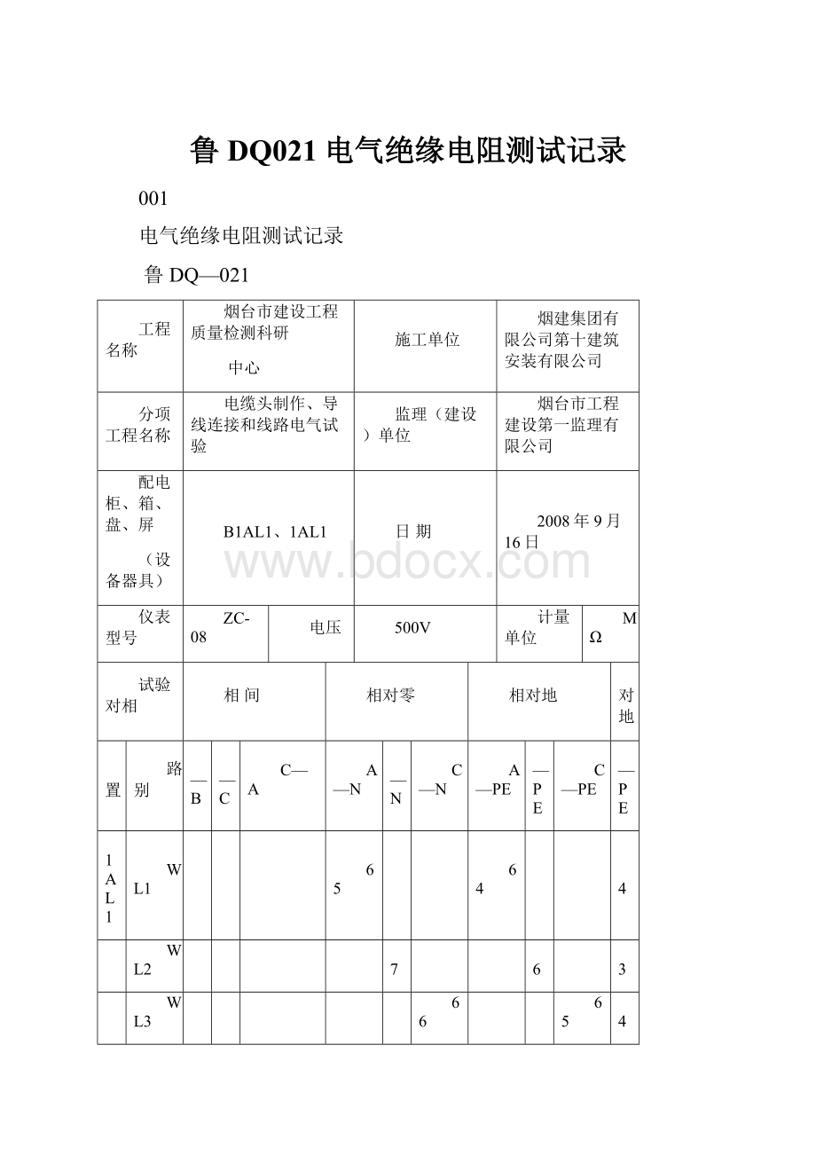 鲁DQ021电气绝缘电阻测试记录.docx