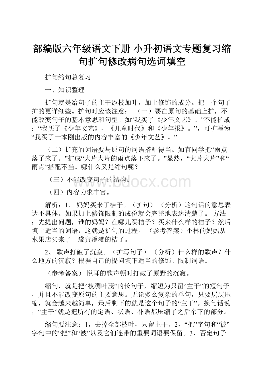 部编版六年级语文下册 小升初语文专题复习缩句扩句修改病句选词填空.docx_第1页